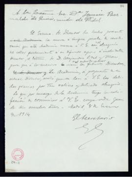 Minuta del oficio del secretario [Emilio Cotarelo] a Ignacia Bernaldo de Quirós de traslado del a...