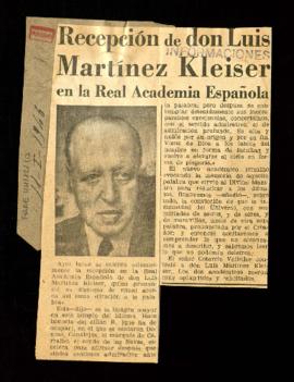 Recorte del diario Informaciones con la crónica titulada Recepción de don Luis Martínez Kleiser e...