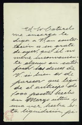 Minuta de una carta a Eugenio Sellés en la que, por encargo del secretario, [Emilio] Cotarelo, se...
