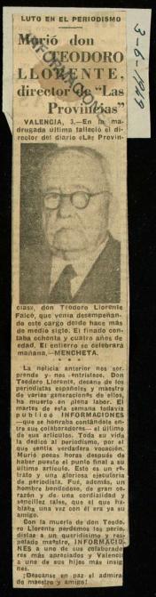 Recorte del diario Informaciones con la noticia del fallecimiento de Teodoro Llorente Falcó