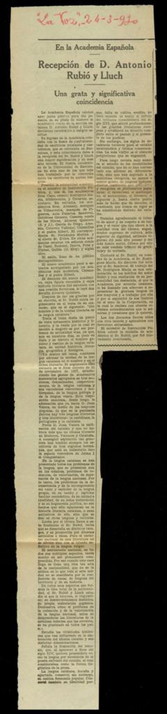 Recorte del diario La Voz con la noticia Recepción de D. Antonio Rubió y Lluch