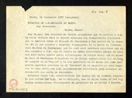 Copia de la carta del marqués de Molins al presidente del Consejo de Ministros [Antonio Cánovas d...
