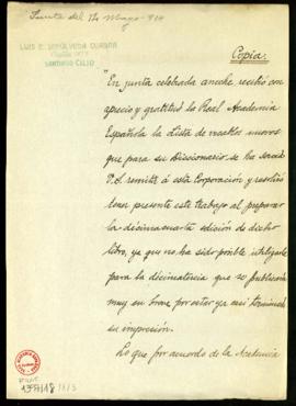 Copia del oficio del secretario, Mariano Catalina a Luis E. Sepúlveda Cuadra de traslado del agra...