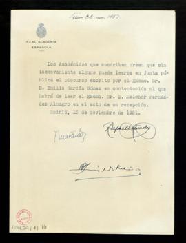 Informe favorable de censura al discurso escrito por Emilio García Gómez de contestación al discu...