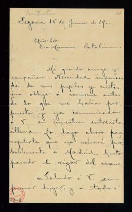 Carta del conde de Cheste al secretario, Mariano Catalina, por la que le comunica su traslado a S...