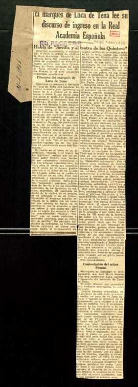 Recorte del diario El Alcázar con la crónica titulada El marqués de Luca de Tena lee su discurso ...
