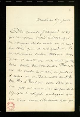Carta de José Zorrilla a Joaquín en la que muestra su pesar por no poder asistir a la misa de Ped...