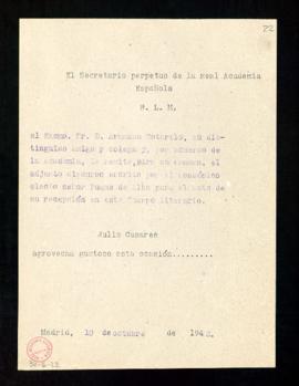 Copia del besalamano de Julio Casares a Armando Cotarelo por el que le remite, para su examen, el...