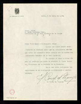 Carta del conde de Urquijo, Ignacio Urquijo y Olano, a Ramón Menéndez Pidal en la que manifiesta ...