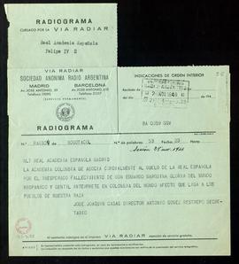 Radiotelegrama de pésame de José Joaquín Casas, director de la Academia Colombiana, por el fallec...