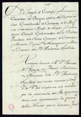 Orden de abono de 1162 reales de vellón a Manuel de Villegas y Piñateli por los gastos de las hon...