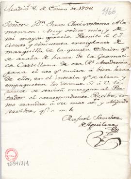 Carta de Rafael Sánchez de Aguilera a Juan Crisóstomo Ramírez Alamanzón con la que le remite cien...