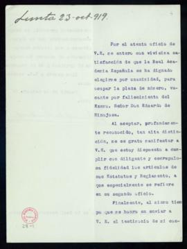 Carta de Manuel de Sandoval al secretario [Emilio Cotarelo] de agradecimiento a la Academia por s...