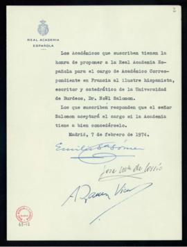 Propuesta del hispanista, escritor y catedrático Noël Salomón como académico correspondiente en F...