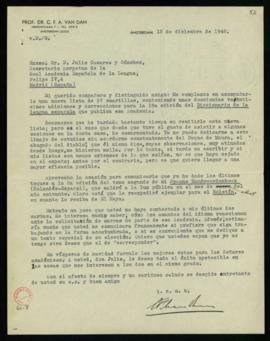 Carta de C. F. Adolf van Dam a Julio Casares con la que le envía 57 cuartillas de adiciones y cor...