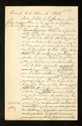 Borrador del acta de la Comisión del Quijote del día 6 de febrero de 1868