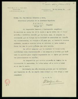 Carta de C. F. Adolf van Dam a Emilio Cotarelo en la que acepta su designación como representante...