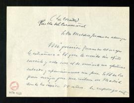 Carta de Victoriano García Martí a Melchor Fernández Almagro en la que le pone al día de su estad...