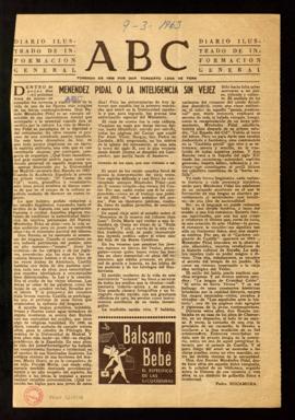 Recorte del diario ABC con el artículo Menéndez Pidal o la inteligencia sin vejez, por Pedro Roca...