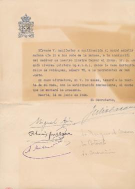 Consulta del secretario a los académicos sobre su asistencia al entierro de Joaquín Álvarez Quintero