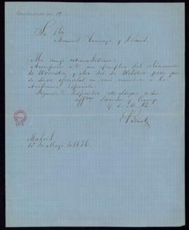 Carta de E[duardo] Benot al secretario, Manuel Tamayo y Baus, con la que remite sendos ejemplares...