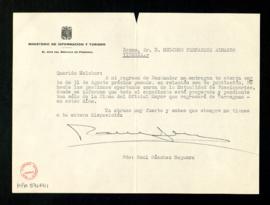 Carta de Raúl Sánchez Noguera, jefe del servicio de Personal del Ministerio de Información y Turi...