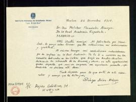 Carta de Diego Díaz Hierro a Melchor Fernández Almagro en la que le felicita por su ingreso en la...
