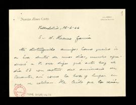 Carta de Narciso Alonso Cortés a Lorenzo García para que le diga qué actos habrá el día 23 con mo...