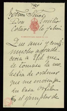 Carta del conde de las Navas, bibliotecario mayor de S. M., a Emilio Cotarelo en la que le pide q...