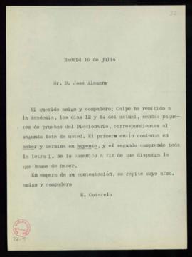 Minuta del oficio de Emilio Cotarelo, secretario de la academia, a José Alemany [y Bolufer] en la...