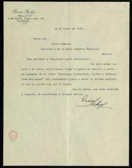 Carta de Darío Rubio a Julio Casares, secretario de la Real Academia Española, con la que le remi...