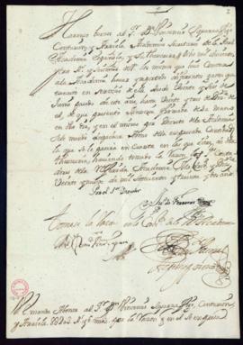 Orden de Juan de Ferreras, por ausencia del director, del abono a Vincencio Squarzafigo de 8203 r...