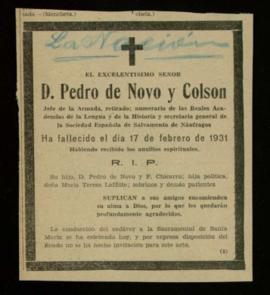 Recorte del diario La Nación [de 17 de febrero de 1931], con la esquela de Pedro Novo y Colson