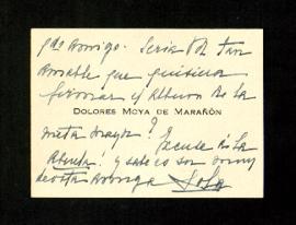 Tarjeta de Dolores Moya de Marañón a Melchor Fernández Almagro en la que le pide que firme el álb...