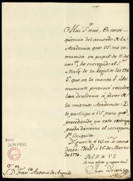 Carta de Juan de Iriarte a Francisco Antonio de Angulo en la que le comunica que ha entregado al ...