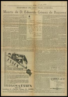 Páginas 3 y 4 del diario El Sol de 17 de diciembre de 1929, con la noticia del fallecimiento de E...