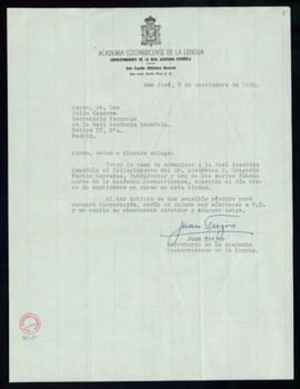 Carta de Juan Trejos, secretario de la Academia Costarricense, a Julio Casares, secretario, con l...