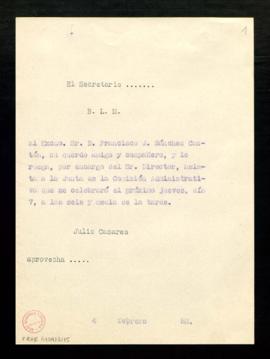 Copia sin firma del besalamano del secretario a Francisco J. Sánchez Cantón con el ruego, por enc...