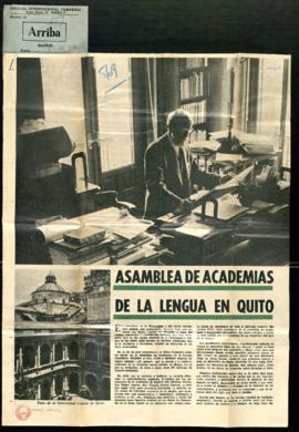 Recorte del diario Arriba con el artículo Asamblea de Academias de la Lengua en Quito, por Dionis...
