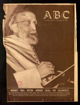 Recorte del diario ABC con la portada Menéndez Pidal, doctor «honoris causa» por Salamanca