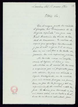 Carta de Ramón D. Perés al secretario en la que expresa el gusto con el que ha recibido un ejempl...