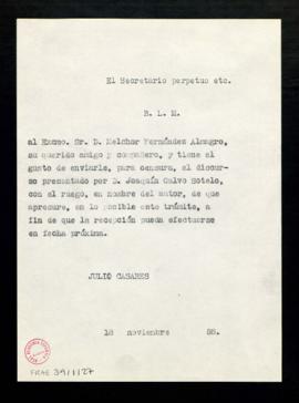 Copia del besalamano de Julio Casares a Melchor Fernández Almagro con el que le envía, para su ce...