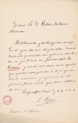 Carta de Luis Pidal y Mon a Pedro Antonio de Alarcón por la que le confirma que hará cuanto proce...