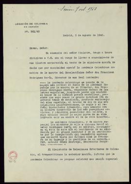 Carta de Antonio Oviedo L., secretario de la Legación de Colombia en España, a Julio Casares en l...