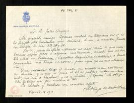 Carta del obispo de Madrid-Alcalá a Julio de Urquijo para comunicarle que asistirá a las juntas e...