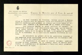 Concurso de memorias para el curso 1927-1928 Real Academia de Ciencias, Bellas Letras y Nobles Ar...