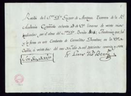 Recibo de Luis de San Bernardo de 80 reales de vellón por veinte misas rezadas aplicadas por el a...