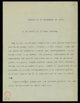Minuta de la carta [del secretario, Emilio Cotarelo] a la reverenda madre  María S. Alfonso Alema...
