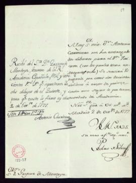 Orden de Pedro de Silva a Gaspar de Montoya del pago a Antonio Carnicero de 30 doblones por dos d...