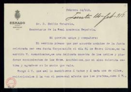 Carta de J[uan] N[avarro] Reverter al secretario, Emilio Cotarelo, de agradecimiento a la Academi...